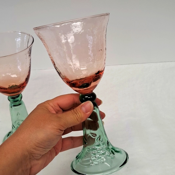 Garden Party handblown Mexican green/pink glass wine/water goblets - Picture 3 of 9